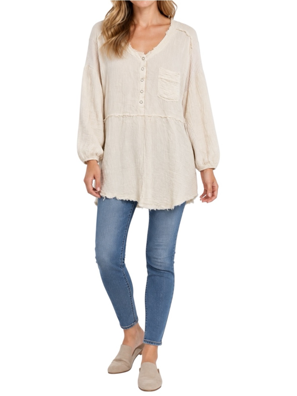 Promesa Cream Cotton Gauze Tunic Top Size Large Henley Raw Hem Boho Long Sleeve